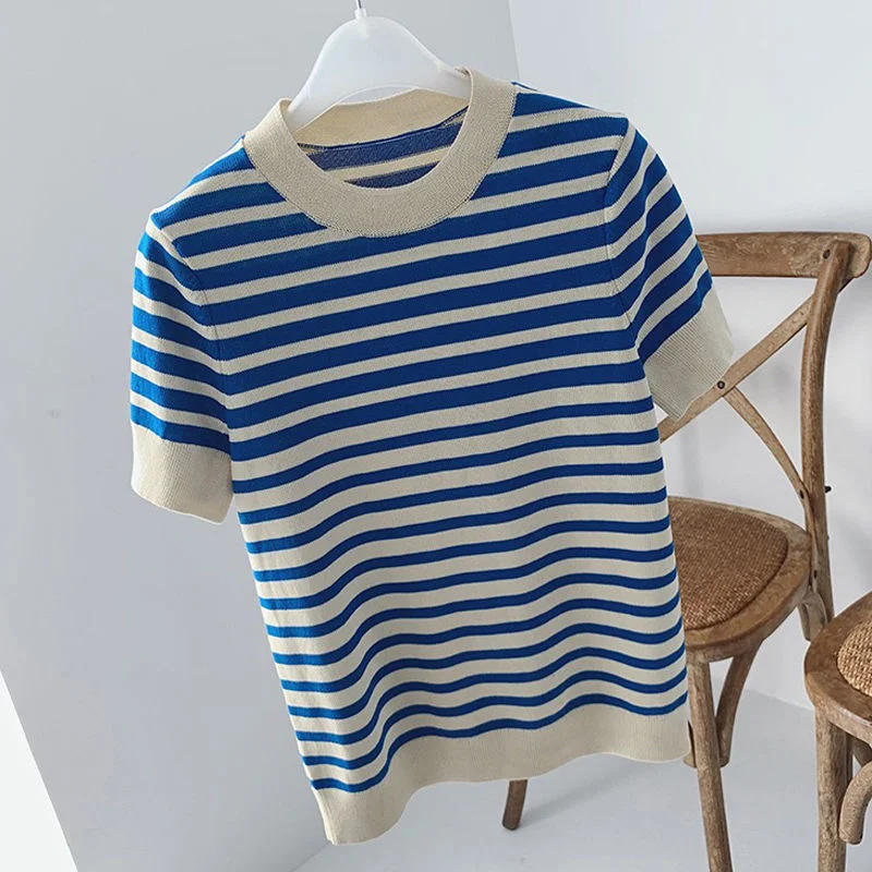 

Sweater women's top gradient blue stripes stitching short-sleeved sweater tide 2021 spring and summer new cos style