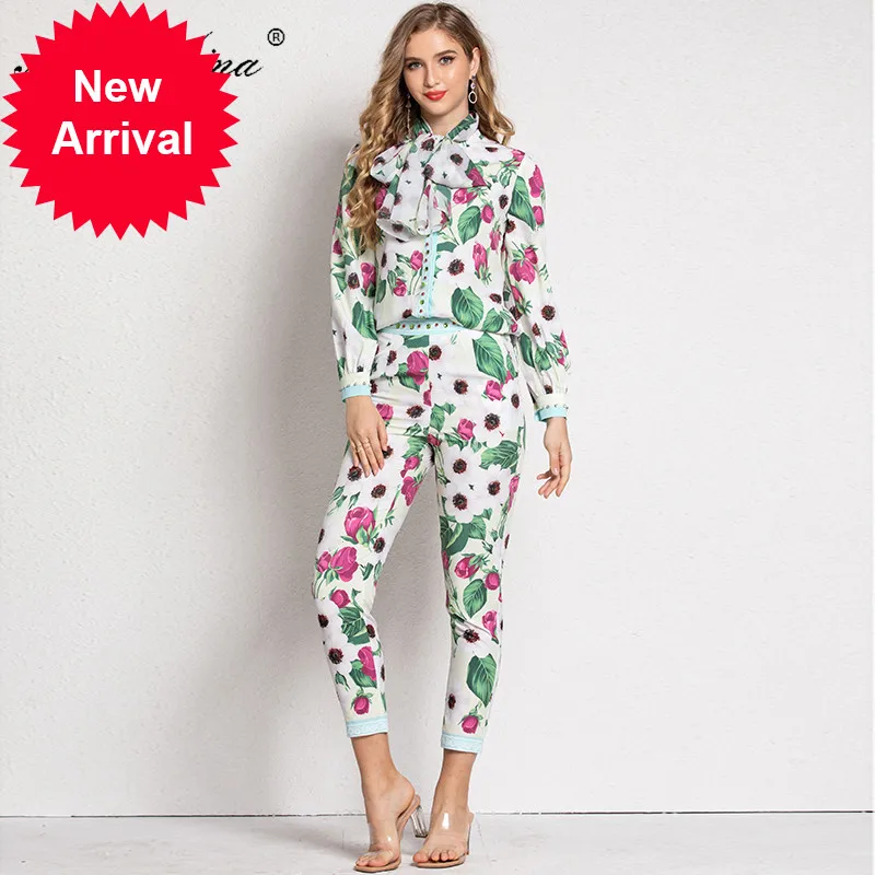 Fashion Set Spring Summer Women's Long sleeve Floral Print Blouses Tops+3/4 pencil pants Vacation Two-piece set