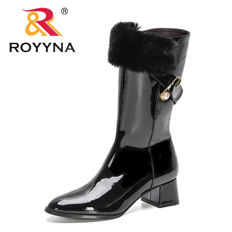 

ROYYNA 2022 New Designers Patent Leather Zipper Motorcycle Mid-Calf Boots Women Plush Chunky Winter Boots Ladies Warm Footwear