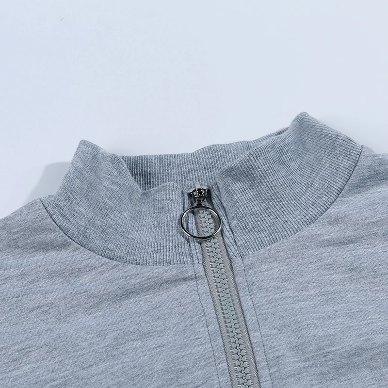 

Goocheer Grey Stand Collar Zipper Up Cotton Crop Top Women Long Sleeve 2019 Fashion Casual Hot Sale Sweatshirt