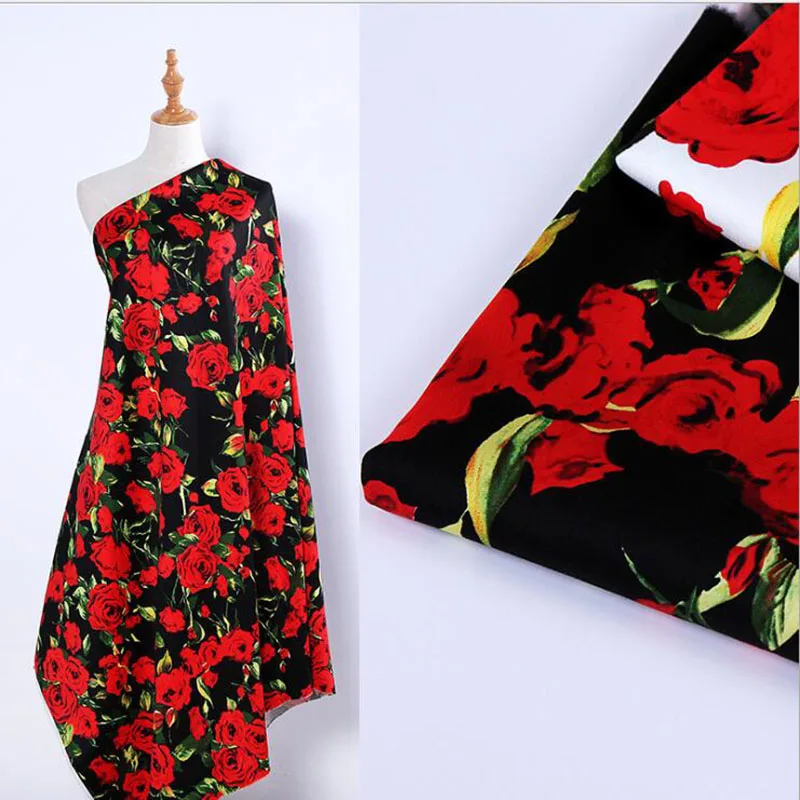 Красивая цифровая печать сатин хлопчатобумажная ткань листья Красная роза