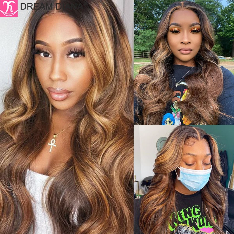 

DreamDiana Ombre Brazilian Hair Wigs Body Wave 13 x 4 Lace Frontal Wig P4/27 150 Density Remy Highlight Wig wigs For Black Women