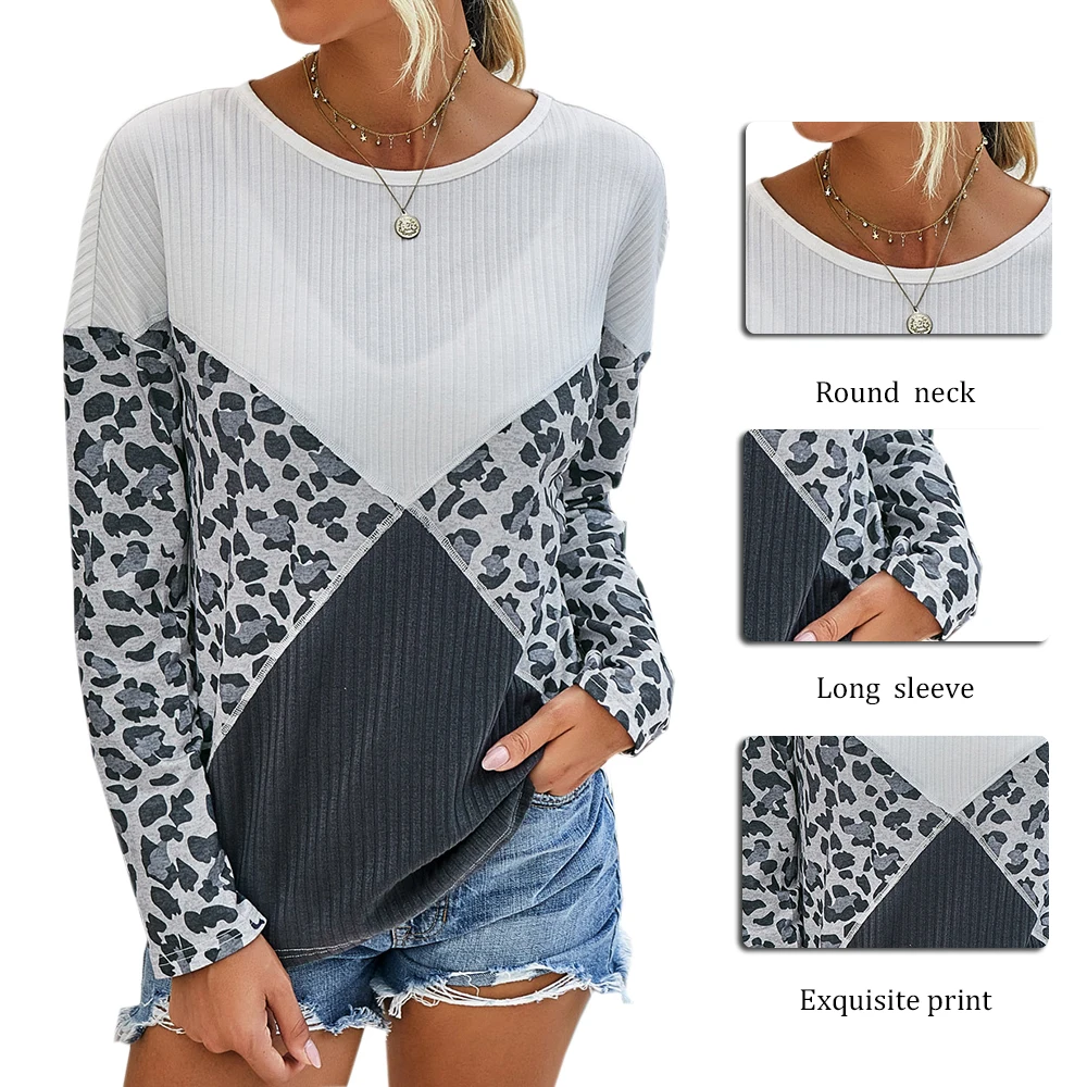 

Autumn 2020 Pullover Woman Sweaters Round Neck Leopard Print Stitching Long-sleeved Casual Loose Sweater Vestido De Mujer