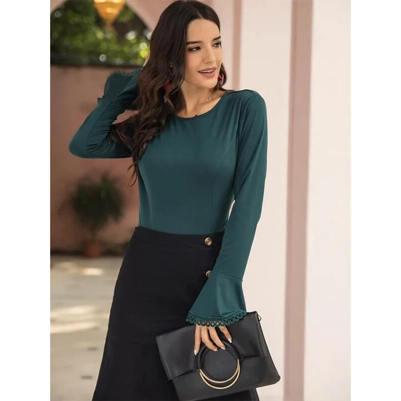 

Autumn Long Flare Sleeve Lace Backless Hollow Bow Elegant Office Lady Dark Green Tops Blouses Woman O-neck Shirts Korean SJ5534V