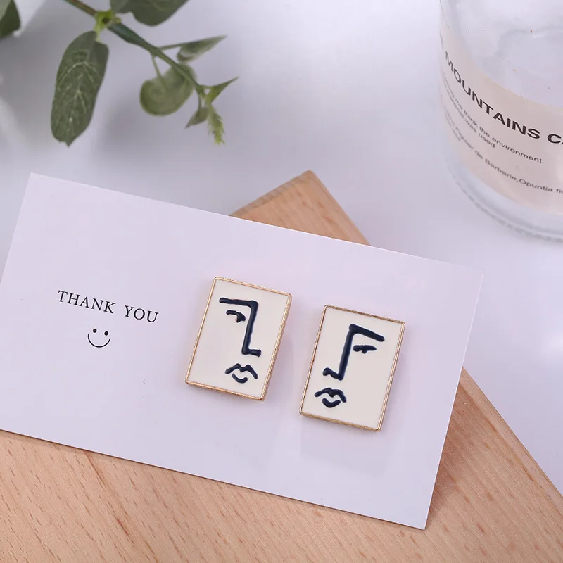 

New Geometric Square Abstract Human Face Line Enamel Stud Earrings for Women Retro Vintage Funny Simple Jewelry