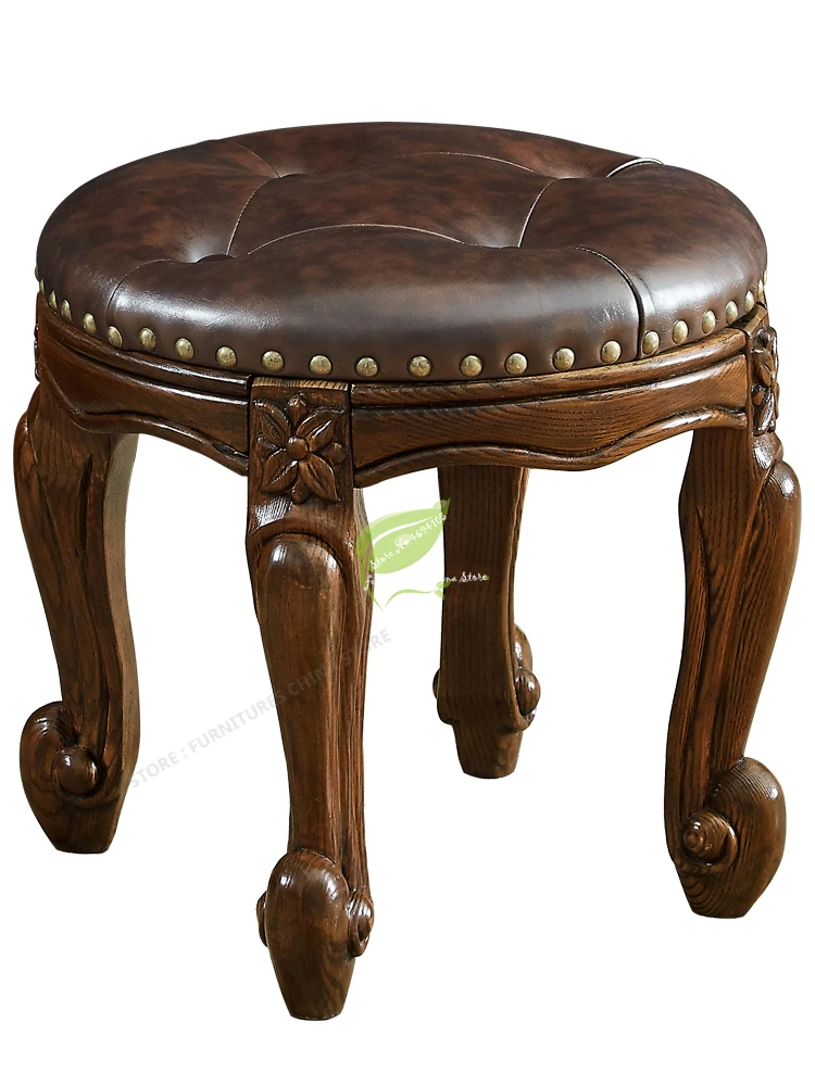 38%American Retro Solid Small Round Stool Cowhide Sofa Strong Bearing Capacity Household Tea Table Low Chair |