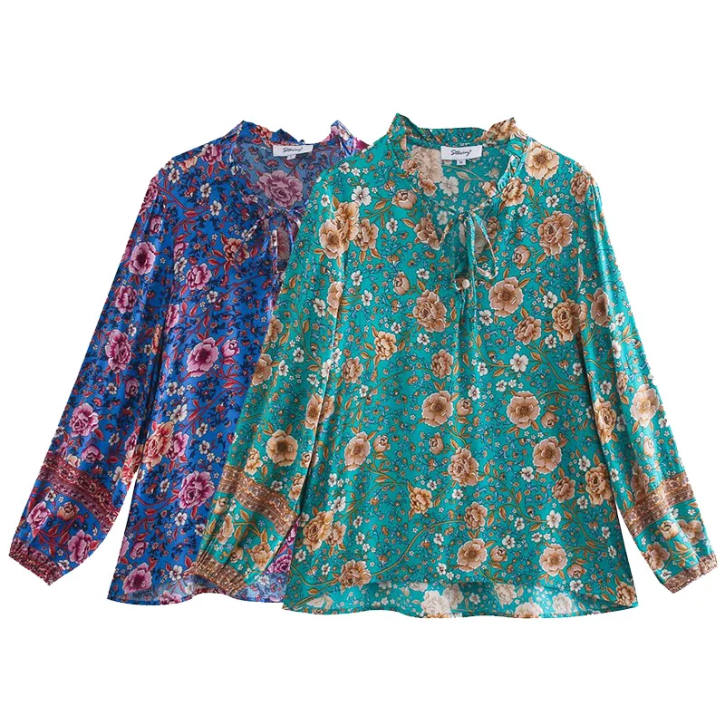 

2020 New Autumn Women Shirt Floral Printed Long Sleeves V-Neck Shirt Tops Fashion Shirts Femme Mujer Blouse