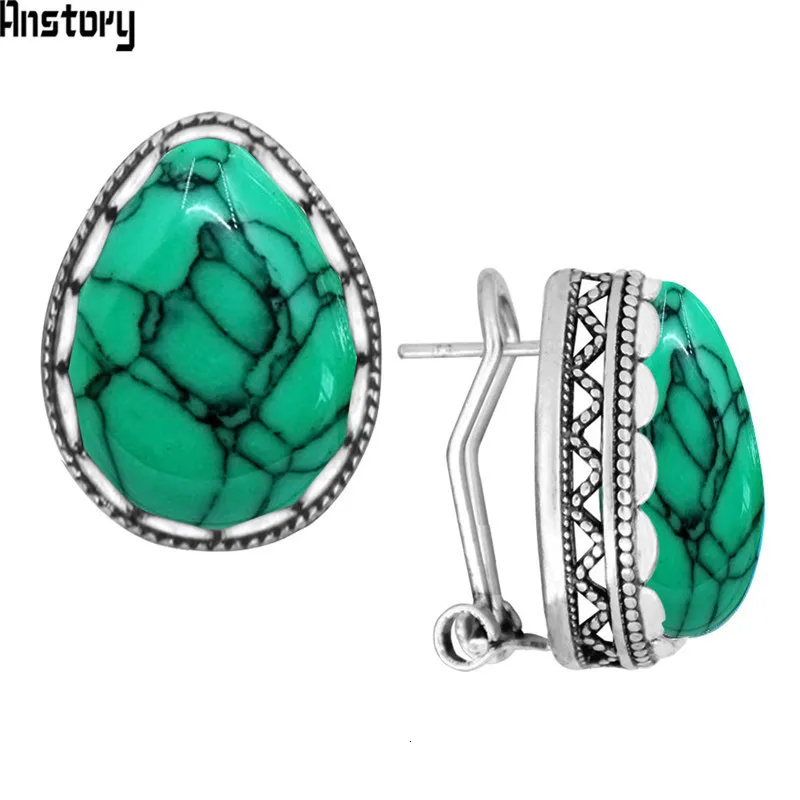 5 Colors Water Drop Stone Earrings Stud Vintage Lady Antique Silver Plated Push-Bback Earrings Fashion Jewelry TE509