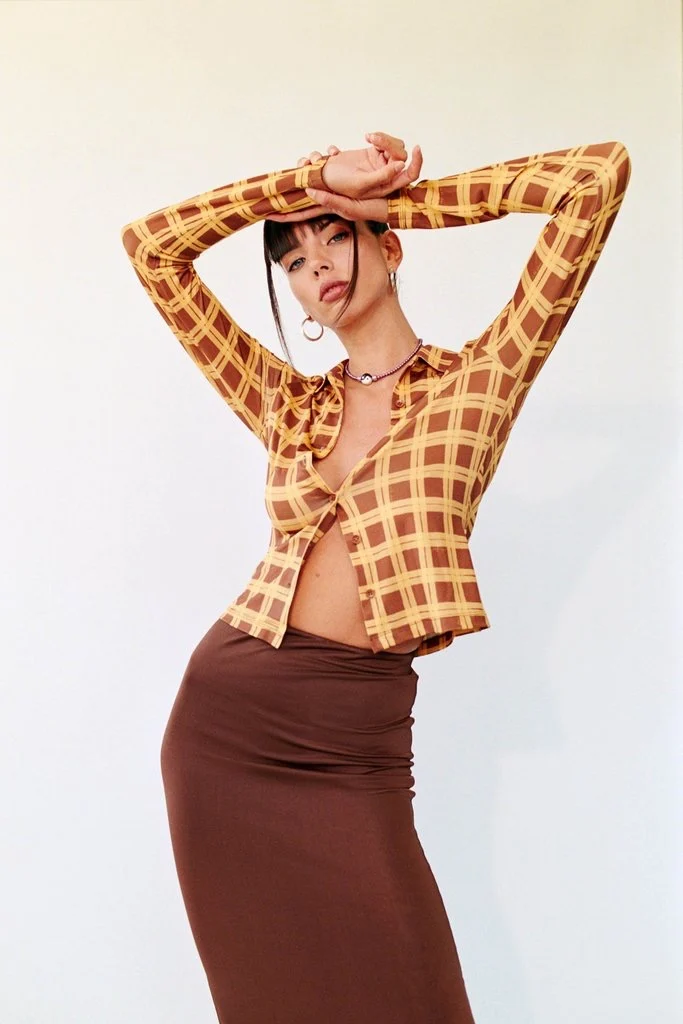 

Australian Sexy Sweet and Spicy Check Shirt Half Skirt Strapless Tunic Hip Wrap Skirt
