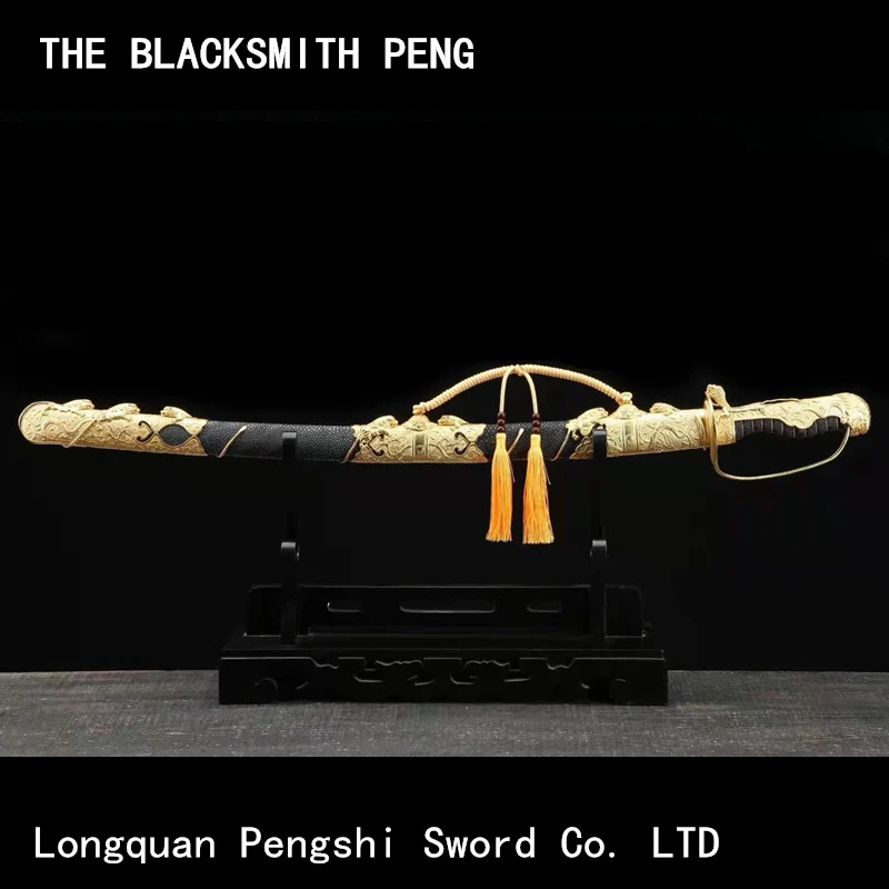 

Nine lion saber plated in 24K real gold/Patterned steel sharkskin scabbard sword/Highgrade Chinese Qing knife with burning blade