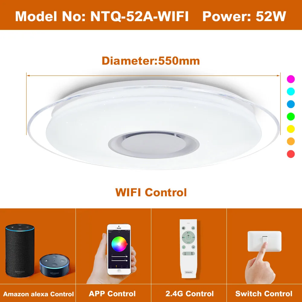 550 WIFI music 52W Умный светодиодный потолочный светильник RGB с регулируемой яркостью 25 Вт 36 Вт 52 Вт, управление через Bluetooth и музыку, современный светодиодный потолочный светильник для гостиной/спальни 220 В - Цвет корпуса: 550 WIFI music 52W
