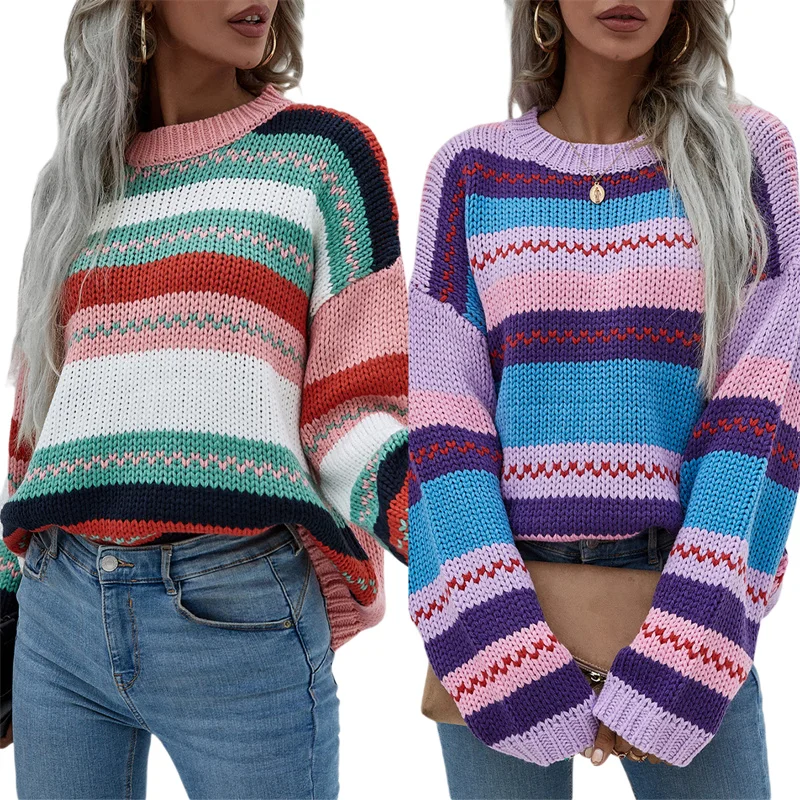 

Thorn Tree Colorful Rainbow Striped Knitted Sweaters Pullovers 2021 Autumn Winter Warm Long Sleeve Loose Causal O-neck Sweaters