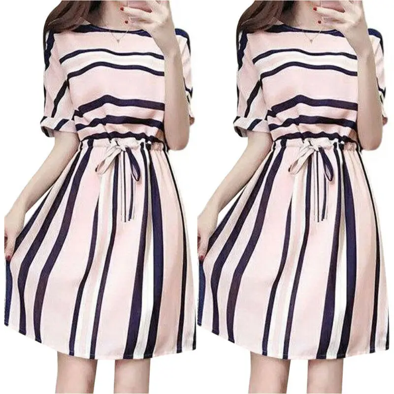 

Women Lady Striped Short Sleeve Short Dress Summer Casual Loose Dresses Sundress