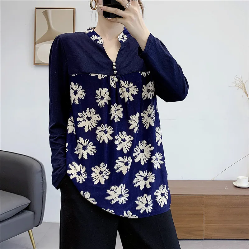 Женская блузка с длинным рукавом V образным вырезом и цветочным принтом|Блузки| |