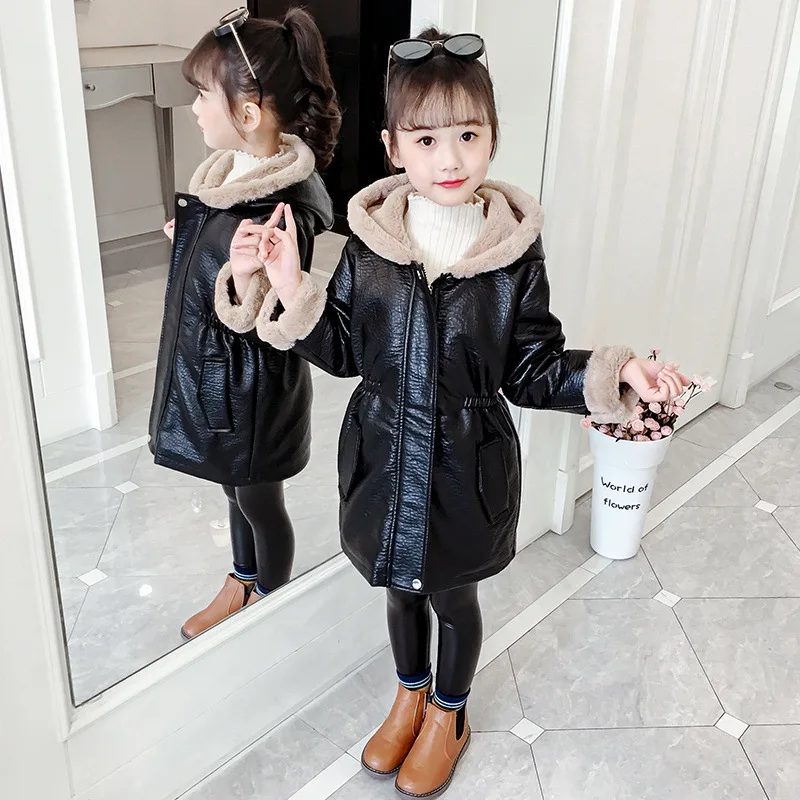 

New Thick Warm Snowsuit Girls Winter Fleece Pu Leather Coat top Teen Kids Plus Velvet Heavy Coat Children Hood Jacket Outerwear
