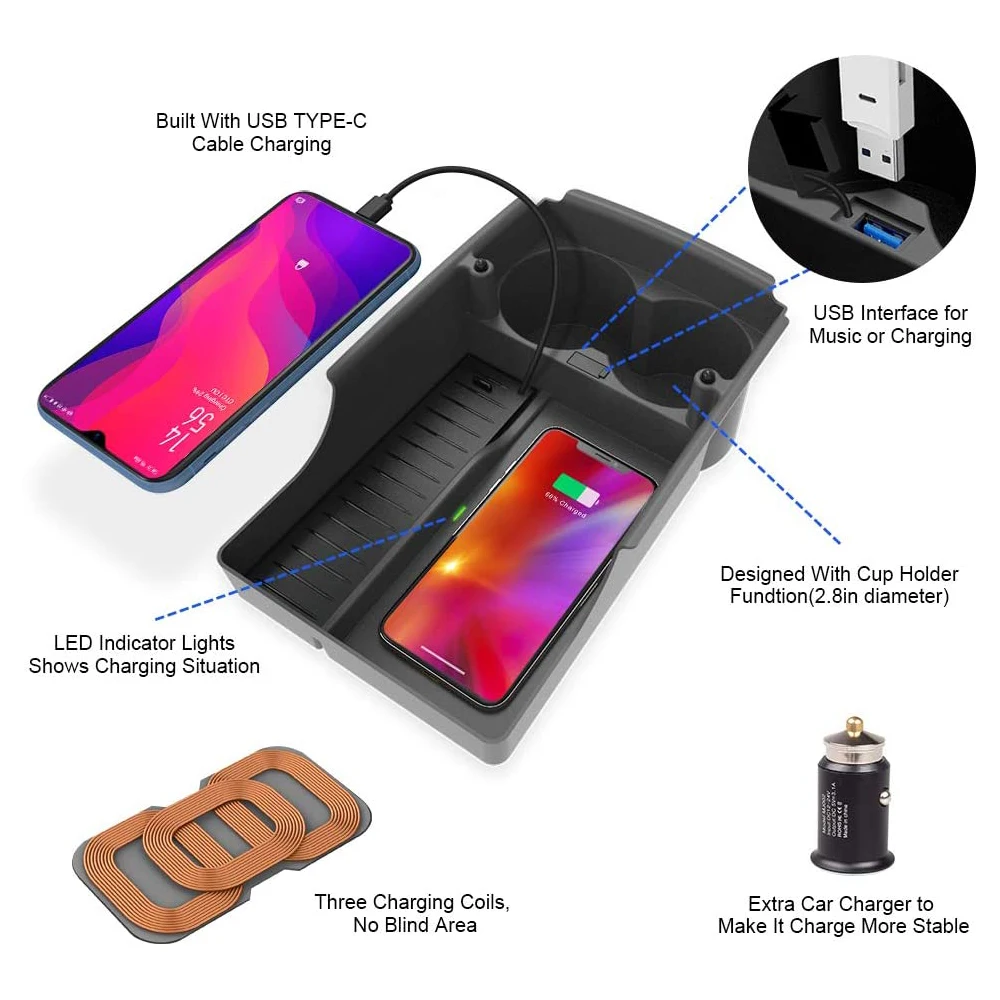Купить Беспроводной органайзер для зарядного устройства для телефона Qi, коробка с держателем для чашки и кабелем Type-C, центральная консоль, лоток д...