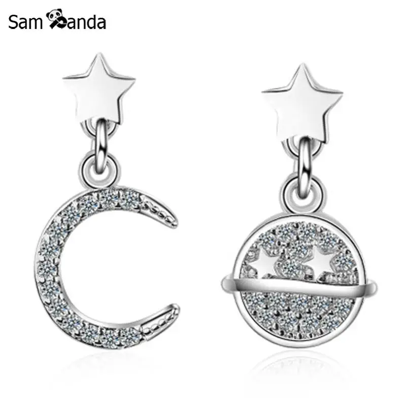 Sampanda Silver-plated Moon Planet Pentagon Star Simple Asymmetric Short Stud Earrings Fashion Jewelry For Women | Украшения и