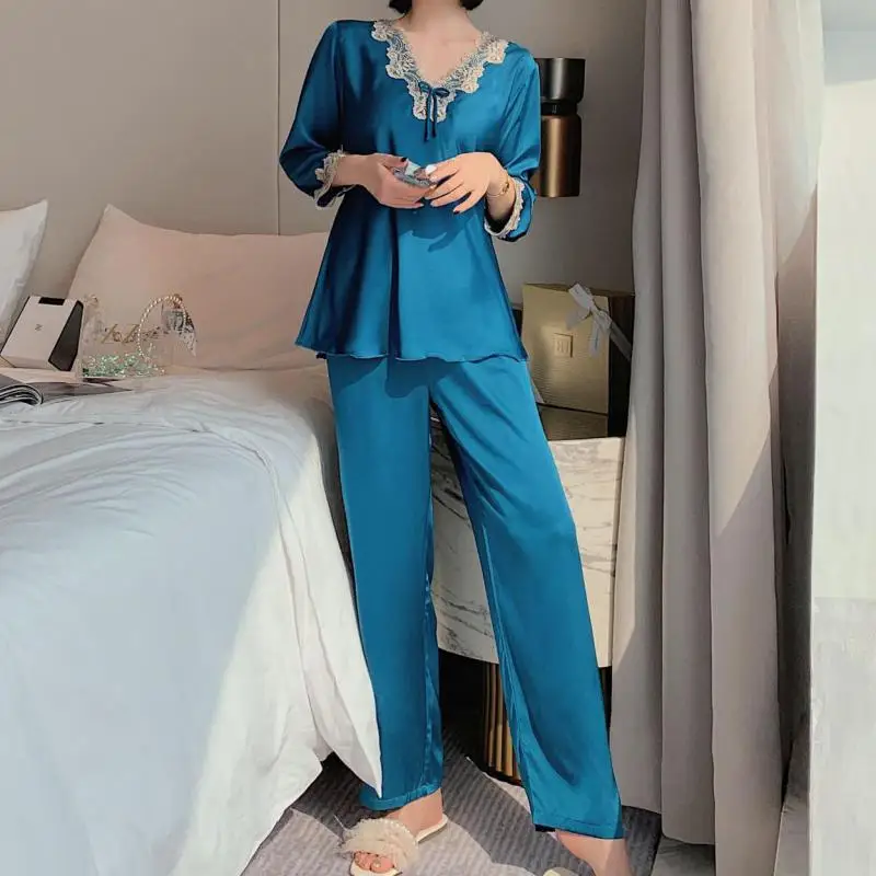 

Casual 2PCS Sleepwear Women Satin Pajamas Suit Summer New Pyjamas Intimate Lingerie Silky Bathrobe Lace Shirt&Pants Set