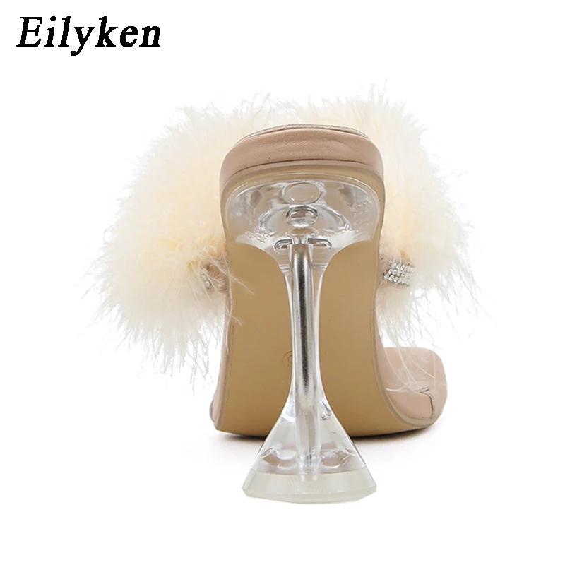 Eilyken летние шлепанцы женские пушистые сланцы Модные прозрачные туфли с