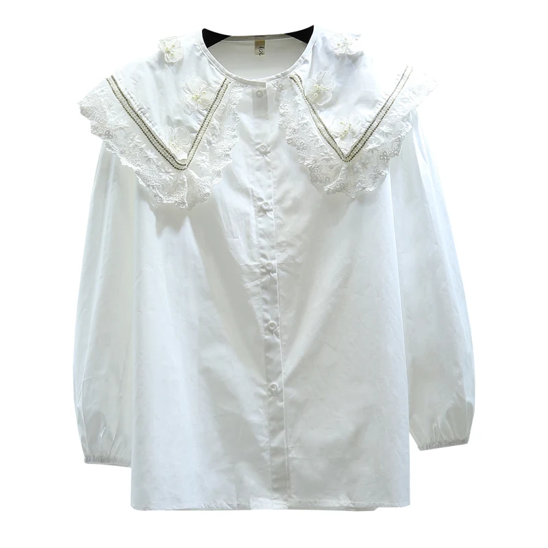

2021 Spring Korean Style Loose Fashion Slimming Rhinestone Beaded Lace Shirt Top White Button Blouse Women's Tops