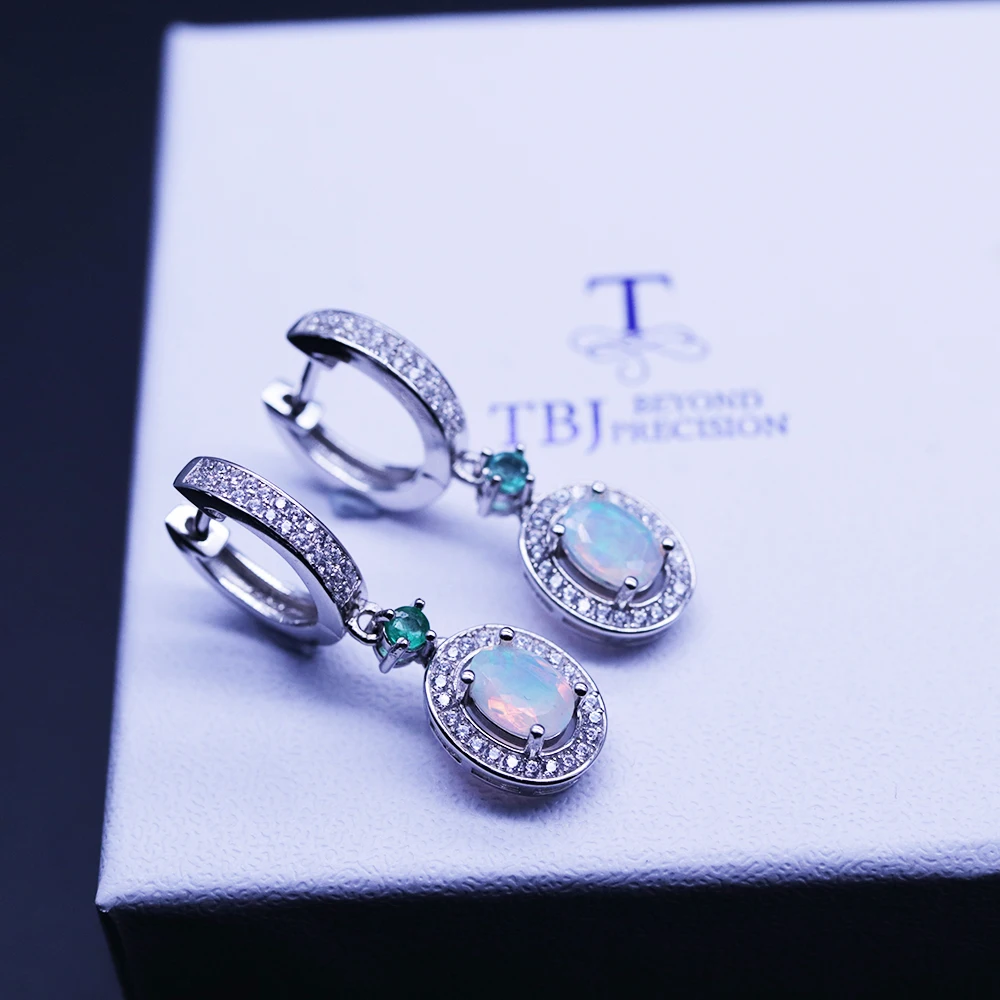 TBJ новая классическая застежка серьги с натуральным опалом и Зеленый Изумрудный