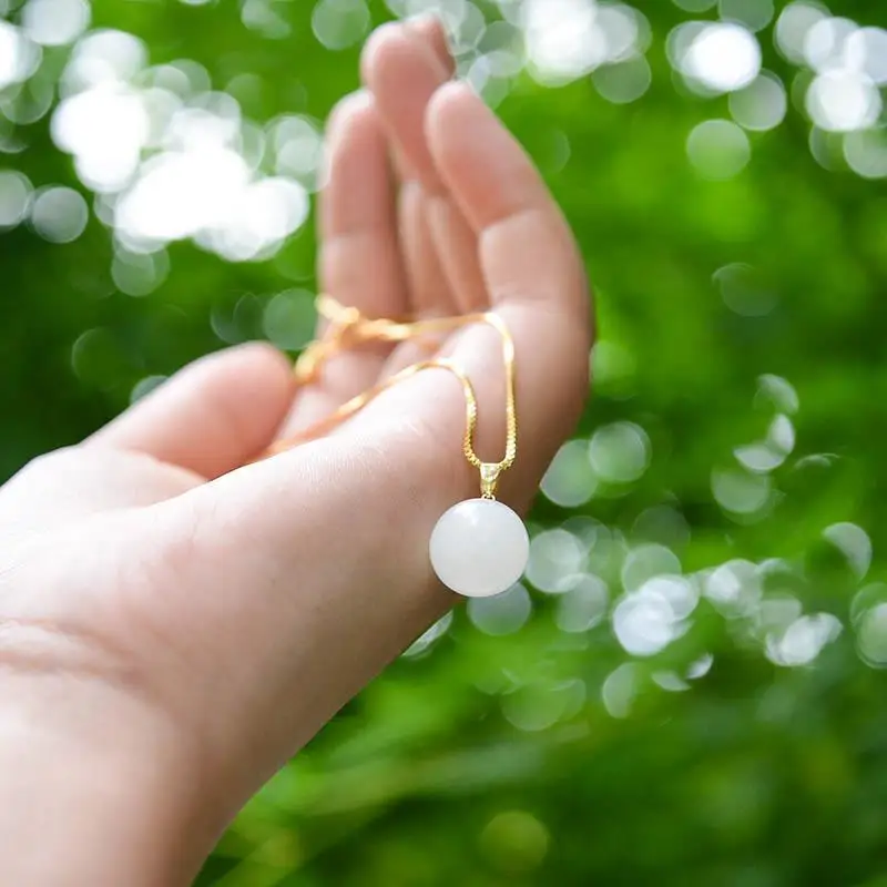 

Pure Natural Hetian Jade White Jade Lucky Beads Jade Necklace S925 Sterling Silver Pendant Vintage Gilding Craft Necklace