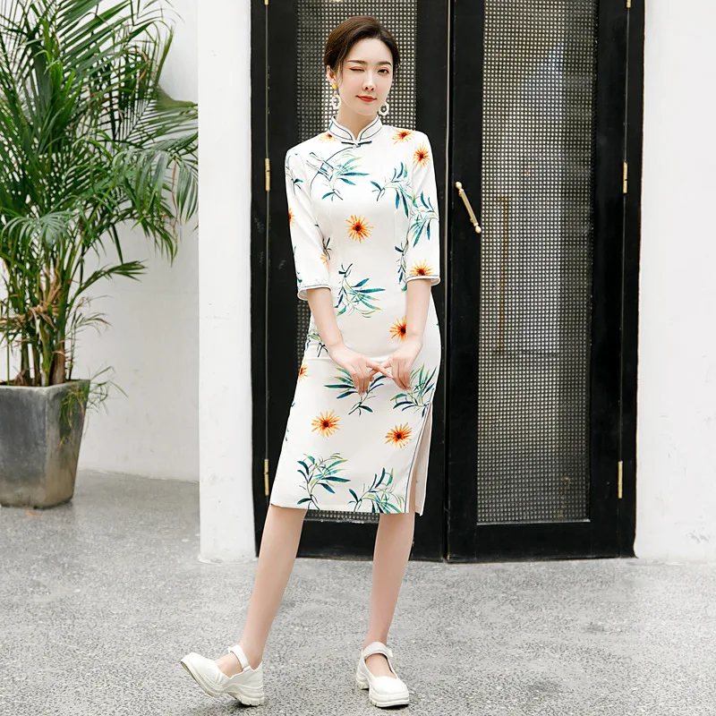 Повседневное традиционное китайское платье Ципао с воротником мандарин рукавом