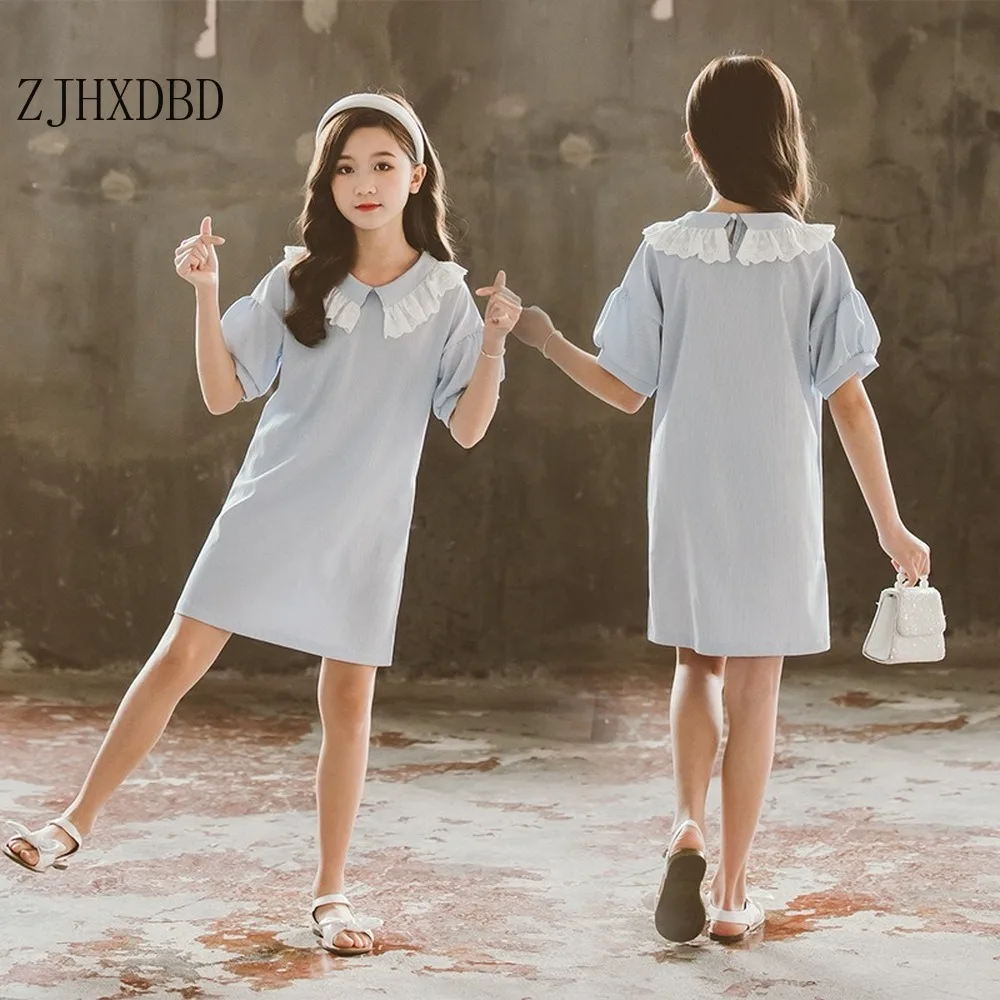 Платье для девочек Лето 2020 Корейская иностранная синяя однотонная Повседневная