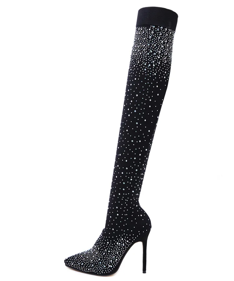 

2020 Fashion Runway Crystal Stretch Fabric Sock Boots Pointy Toe Over-the-Knee Heel Thigh High Pointed Toe Woman Boot