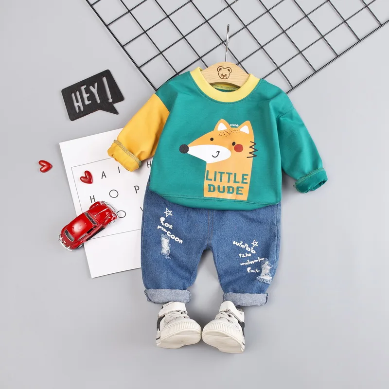 2019 New Infant Boys Girls Summer Cartoon Fox Bear T Shirt + Denim Pants Clothes Sets Children Kids Hole Jeans Clothing | Детская одежда