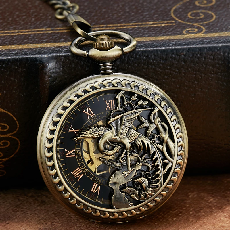 Vintage Bird Mechanical Pocket Watch Skeleton Laser Engraved Case Bronze Fob Chain Clock for Men Women Collection Dropshipping