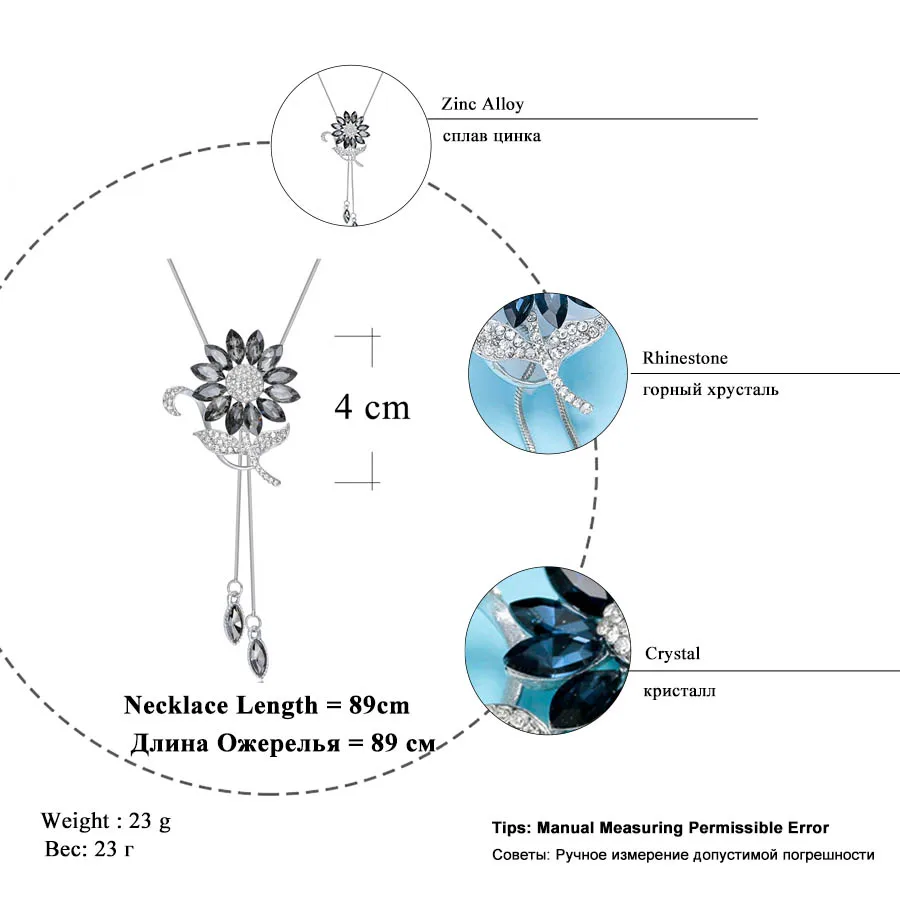 

Sunflower Crystal Pendant Necklace Women Fashion Blue White Rhinestone Long Silver Chain Necklaces & Pendants Jewelry