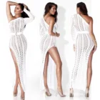 Сексуальное длинное вязаное пляжное платье с высоким разрезом, женские платья с одним открытым плечом, длинные пляжные купальники, купальник, платье, платья