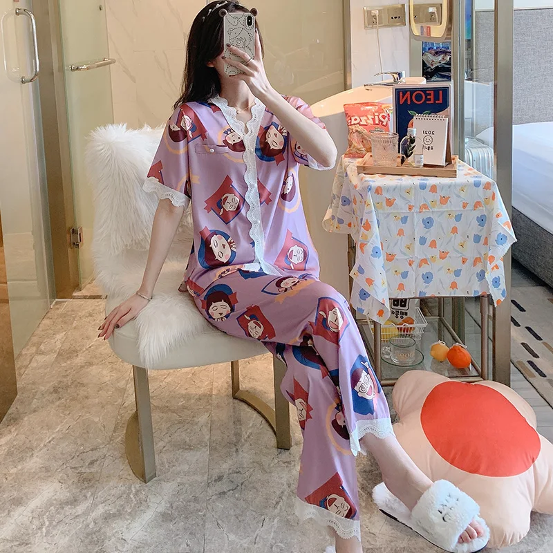 

Cartoon Pajamas Women's Summer Short Sleeve Trousers Thin Ice Suit Cardigan Lace Artificial Silk Home Wear Spring and