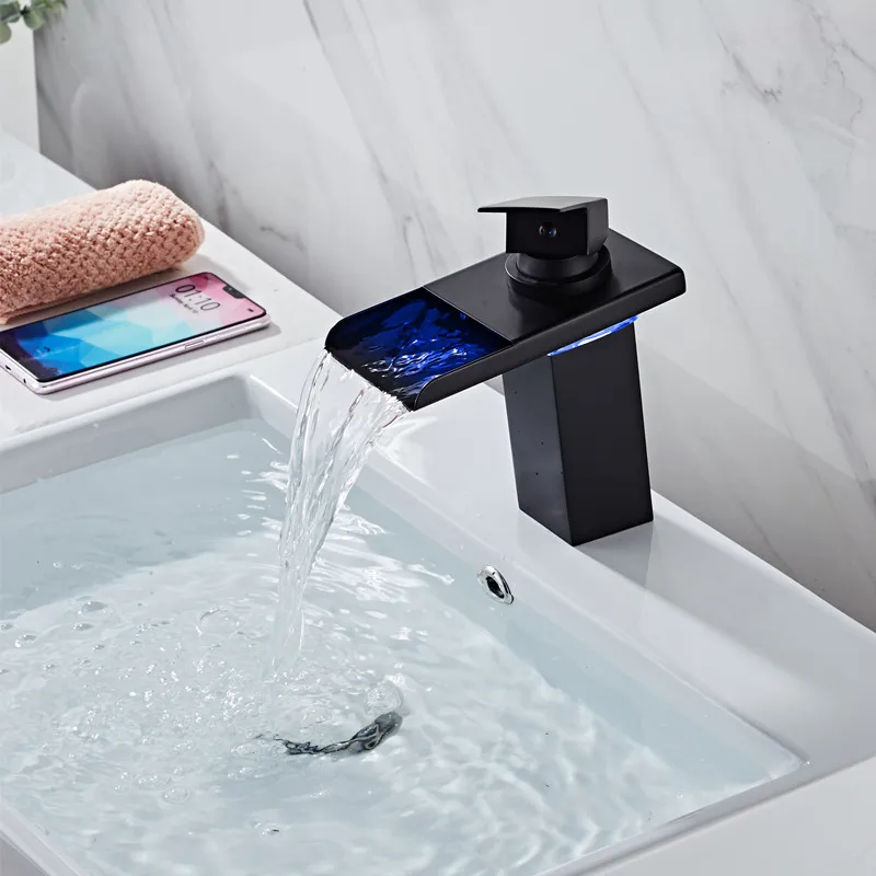 Matte black led faucet waterfall pure basin tap hot and cold mixer luxury eu style | Обустройство дома