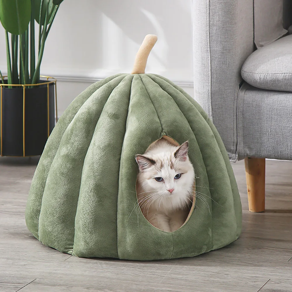 

Soft Cat Cave Bed Warm Kennel For Puppy Deep Sleeping Kitten Nest Pumpkin Shape Warming Cat's House Washable Mat Pet Accessories