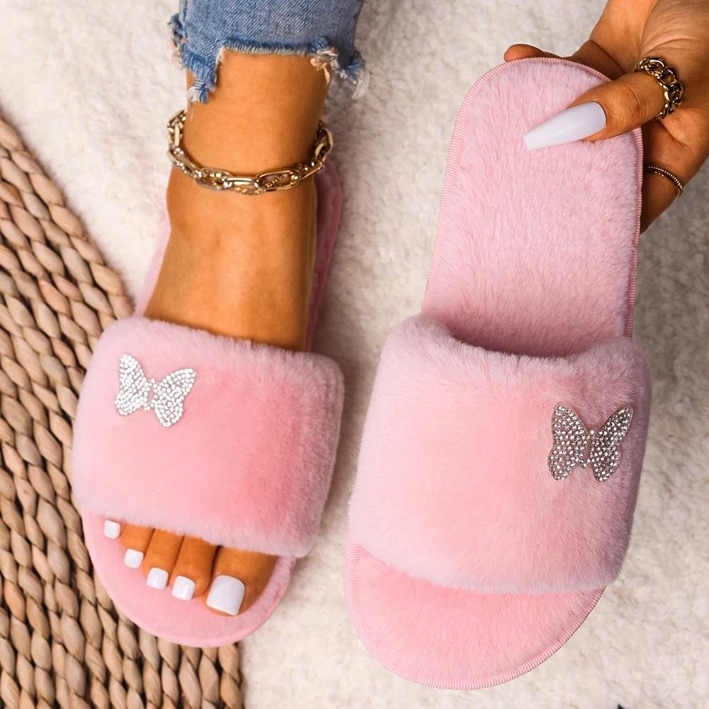 Women's Slippers Fluffy Flip Flops Rhinestone Butterfly Decor Furry Slides Home Slippers Ladies Non-Slip Flat Shoes New Arrival
