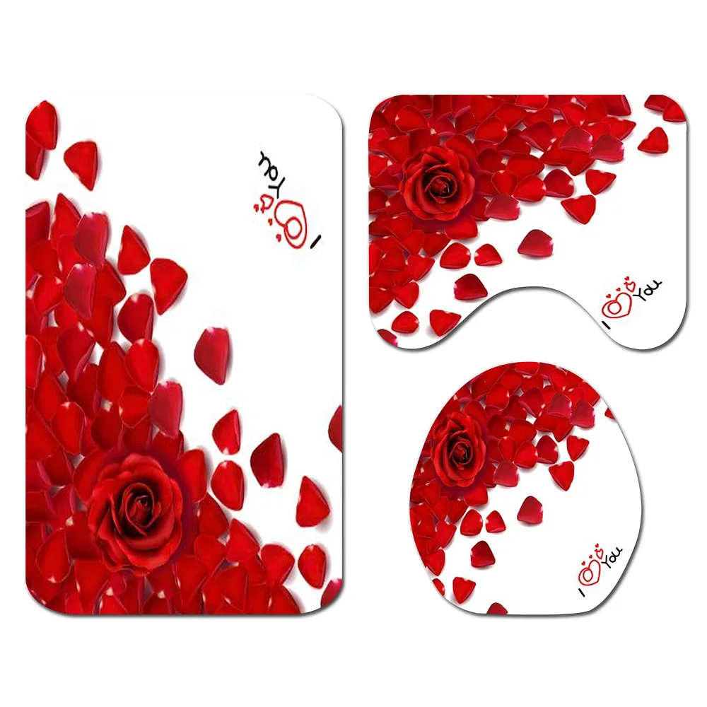 

Rose Petal Printing Bathroom Shower Curtain Set 3Pcs Toilet Mat with The Same Color Shower Curtain