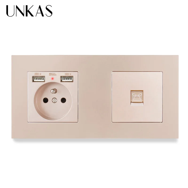 Французская стандартная электрическая розетка UNKAS с 2 USB-портами для зарядки + 1