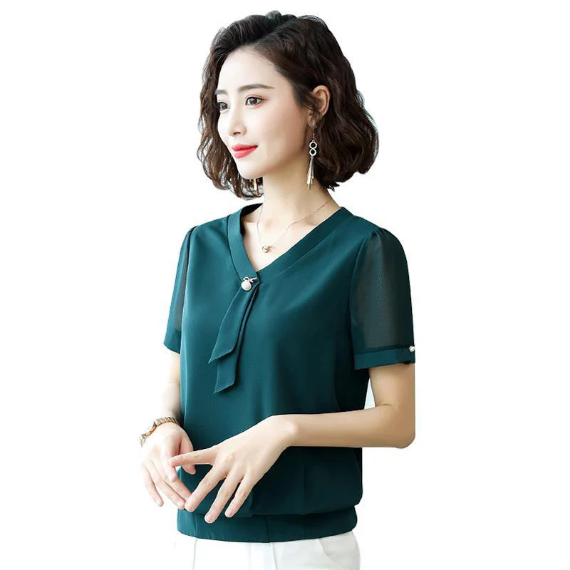 

Women Spring Summer Style Chiffon Blouses Shirts Lady Casual Short Sleeve V-Neck Slim Chiffon Blusas Tops ZZ0415