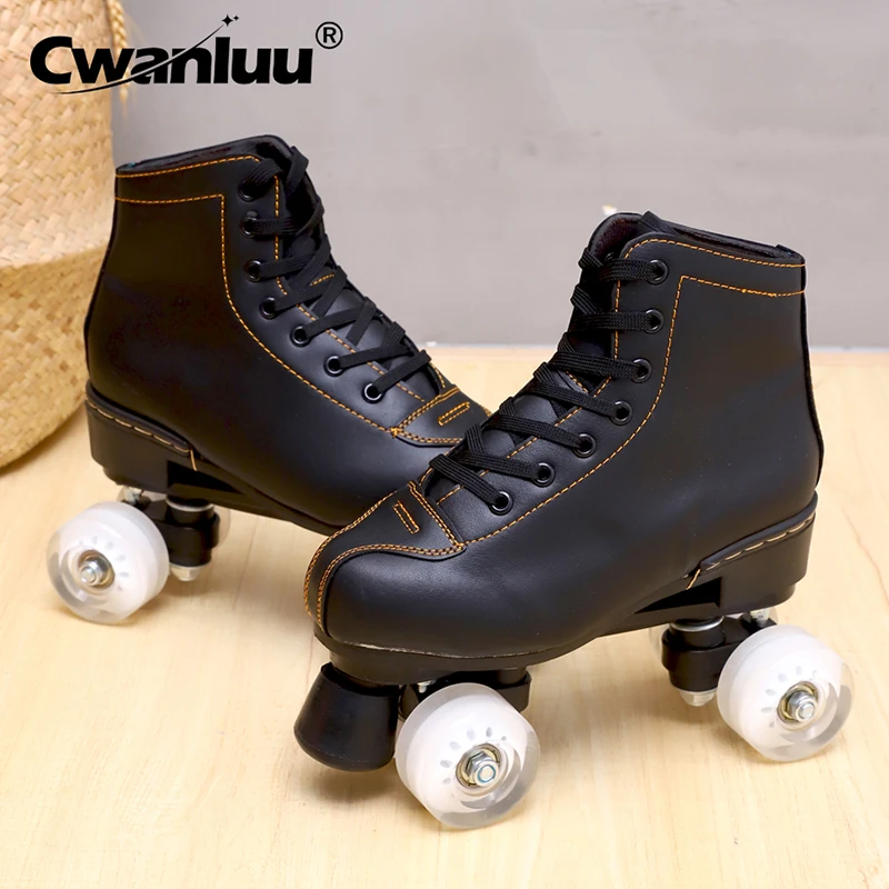 

White Black PU Lether Luxury Roller Skates Shoes Quad Sneakers Skate Woman Man Children Zapatos Con Patines Europe Size 35-45