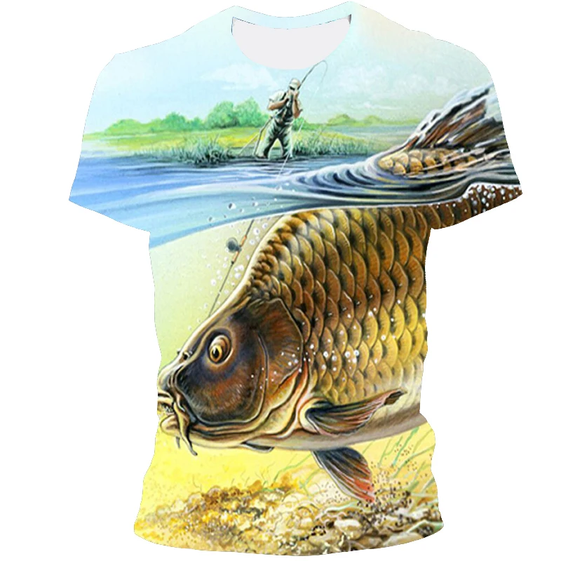 

2021 new leisure fashion 3D fish pattern printing summer hot short sleeve round neck men's and women's sports T-shirt