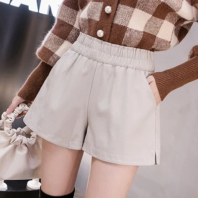 

Shintimes Elastic High Waist Wide Leg Biker Shorts Autumn PU Leather Shorts Women Plus Size Femme Casual Ladies Shorts Black