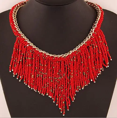 Женское богемное ожерелье длинное колье ручной работы с бусинами и кисточками