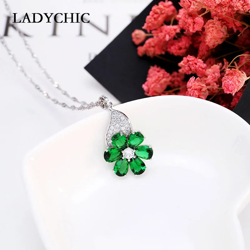 LADYCHIC роскошный синий и зеленый AAA цветок с цирконом Кулон Ожерелья модные кристалл серебряный цвет Свадебные украшения LN1097
