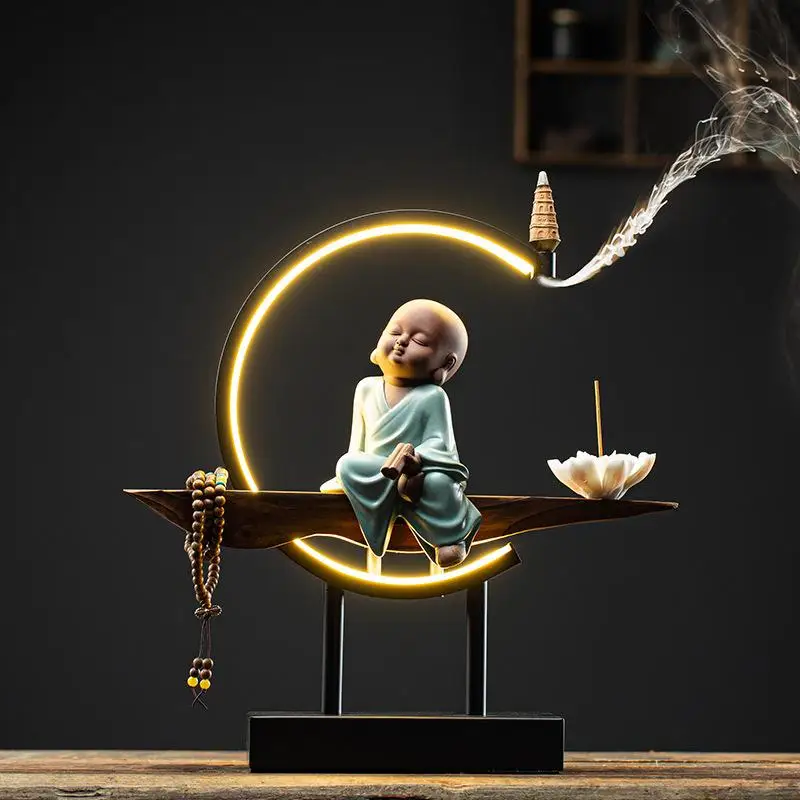 

Little Monk Backflow Incense Burner Led Light Smoke Waterfall Incense Cone Sticks Holder With 20 Pcs Cones Desktop Ornaments