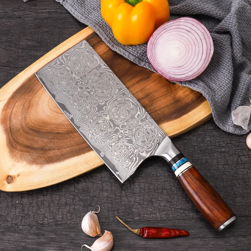 

8'' Inch Cleaver Knife Damascus Steel Rose Pattern Razor V-Sharp Blade Chopping Kitchen Knives Household Cooking Cutlery Tools