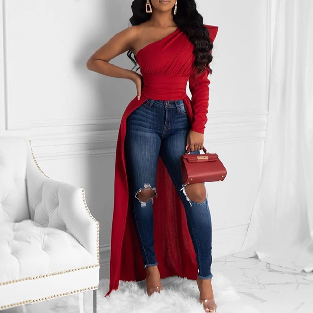 Весенняя женская рубашка блузка с одной асимметрия на плечо воротник оборками