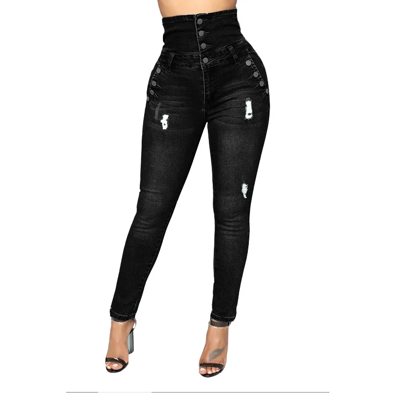 

2021 New Arrival Summer Style Female Fashion Summer Single Breasted Ripped Bodycon High Waist Hot Night Club Denim Stright Pants