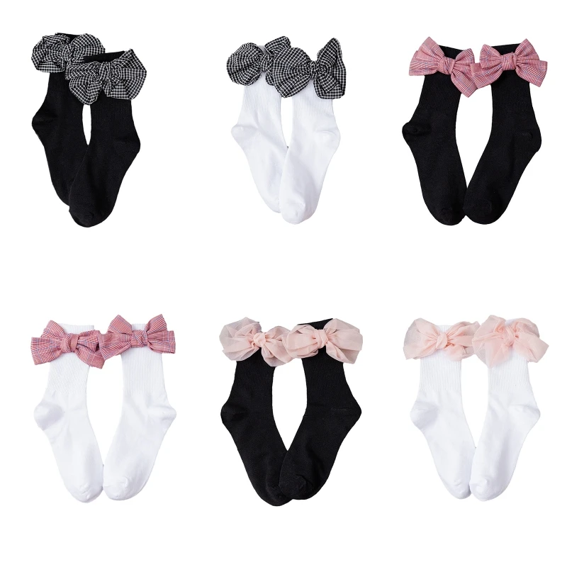 

68UA Women Lolita Ribbed Cotton Crew Socks Harajuku Sweet Side Big Bowknot Hosiery